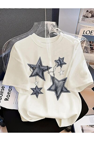 KOZAİ OUTDOORS Women's Oversize Crew Neck / Chain 4 Star Printed Combed Cotto...
