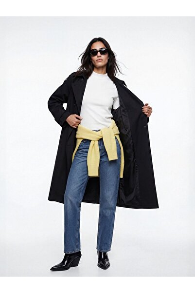 LC Waikiki Lcw Vision Black Double-Breasted Collared Belted Women's Trench Coat