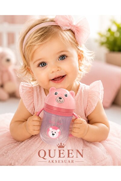QUEEN AKSESUAR İthal Pembe Ayıcıklı Pipetli Alıştırma Bardağı 235 ml 9+ Ay BP...