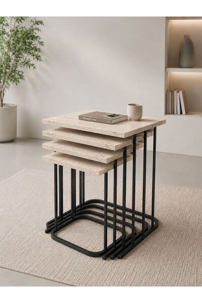 Nokta Sehpa Home 4LÜ RÜYA TREND SİYAH METAL TRAVERTEN TABLA ZİGON SEHPA YAN S...