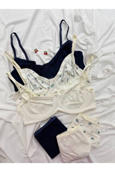 İNKO İÇ GİYİM Plus Size 3-Piece Colorful Patterned Camisole Cotton Bra & Thon...