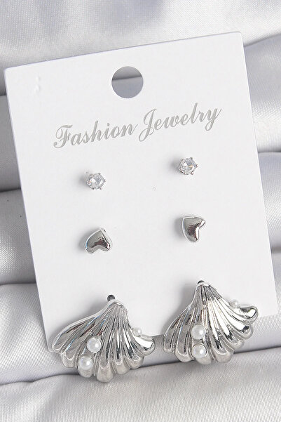 Marsilyan Brass Silver Color Zircon Stone Detailed Pearl Detailed Sea Shell M...