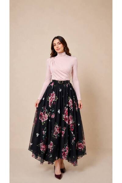 fera butik Floral Patterned Chiffon Flared Long Skirt