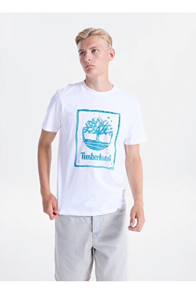 Timberland TB0A5MV41001-Water Stack Logo Tee Beyaz Yuvarlak Yaka Baskılı Erke...