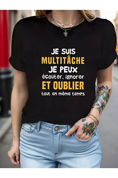 17 seramik تي شيرت نسائي مطبوع عليه عبارة "JE SUIS MULTITÂCHE" بأكمام قصيرة و...