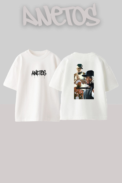 Anetos تيشيرت أبيض كبير الحجم مطبوع بتصميم 50 Cent_33 للجنسين