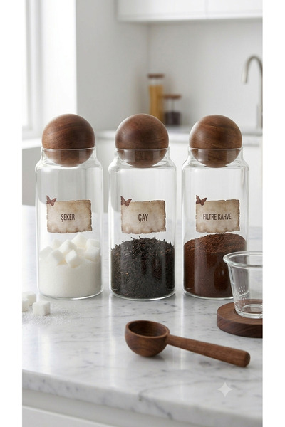Dia 3-Piece Glass Spice Jar Set with Wooden Ball Lids / Storage Jar & Waterpr...