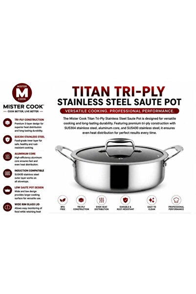 MISTERCOOK Mister Cook Titan Tri-Ply Stainless Steel Saute Pot / Low Pot with...