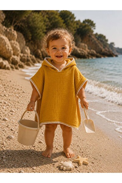Heianmono Kids 4 Layer Shepherd's Stitched Muslin Baby / Child Poncho - Mustard