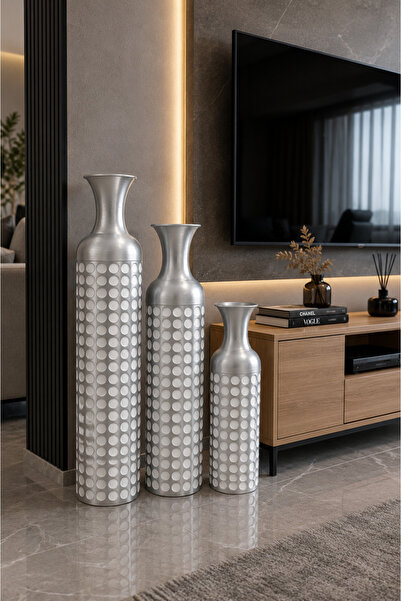 MİS KİTCHEN Oslo Silver 3’lü Dekoratif Yer Vazosu Seti Büyük Boy Gümüş Salon ...