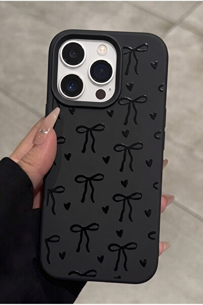 iPhone 16 Pro Compatible Black Bow Pattern Velvety Soft Touch Silicone Phone Case