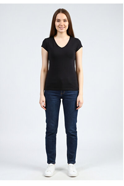 Collezione Women's T-Shirt Black V-Neck 95% Cotton 5% Lycra Flexible Basic Da...