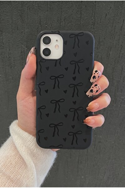 KVK PRİVACY iPhone 11 Uyumlu Siyah Fiyonk Desenli Kadifemsi Soft Touch Siliko...