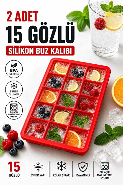 PLASTMARKET 2 Adet 15 Bölmeli Büyük Boy Silikon Buz Kalıbı - Silikon Kare Buz...