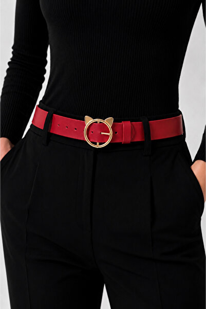 kemer krallığı Women's Red Cat Buckle Belt – Gold Buckle