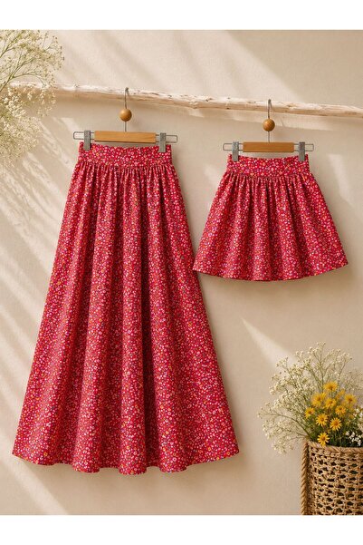 KÜÇÜĞÜM BUTİK Red Floral Flared Mother-Daughter Skirt Combination