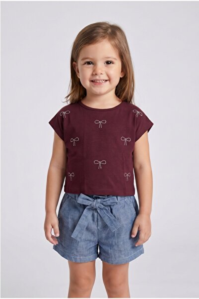 MAVİ BONCUKK Girl's Bowknot Stone Printed T-Shirt Belted Shorts Set