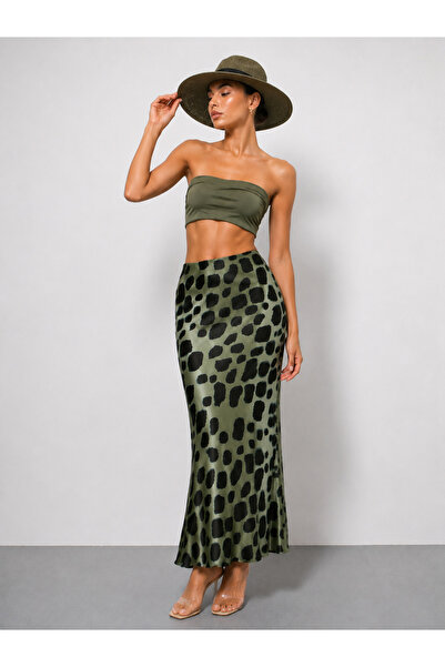 MAİMODA Women's Patterned High Waist Flared Satin Skirt