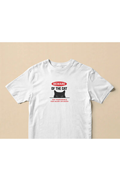 buzagi Beware of the Cat Regular Unisex White T-Shirt