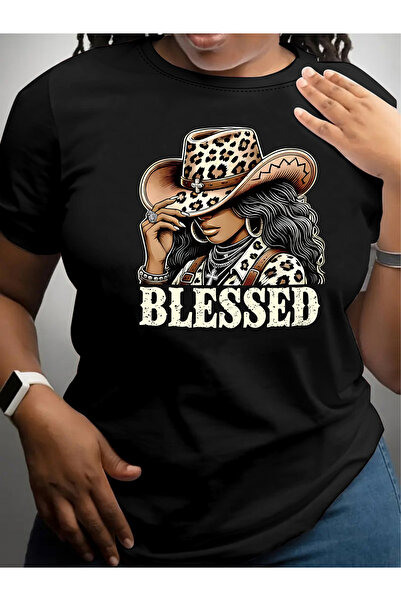23 nisan Black Crew Neck T-Shirt Women Featuring a 'Blessed' Cowgirl Graphic,...