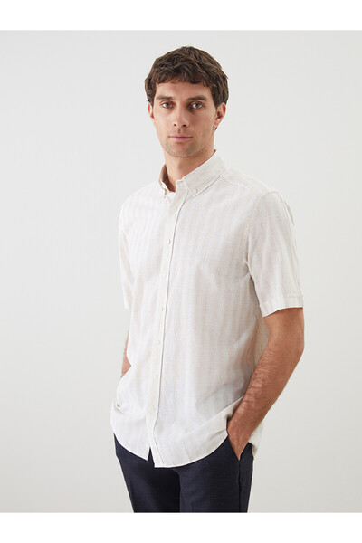 LC Waikiki Nevavm Regular Fit Short Sleeve Striped Linen Blend Men's Shirt wi...