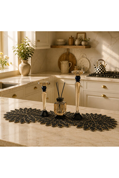 Miba Concept Boncuk İşlemeli Dekoratif Masa Runner 30x90 cm | Siyah Gold Çiçe...