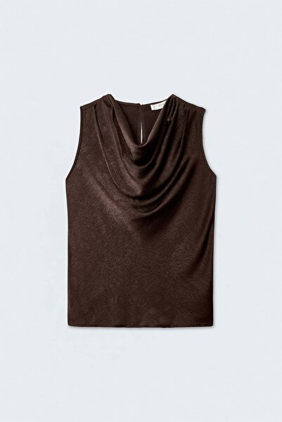 Sateen Degaje Collar Satin Blouse - Dark Brown
