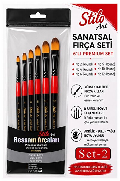 Artmaster Profesyonel Resim Fırça Seti 6 lı Kedi Dili 1 Paket Stilo Set 2 Sen...