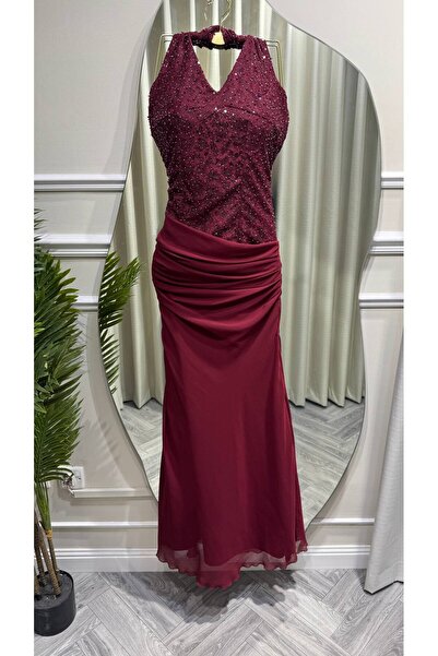 Jood Burgundy Evening Gown with Shiny Embroidery and Waist Ruffles