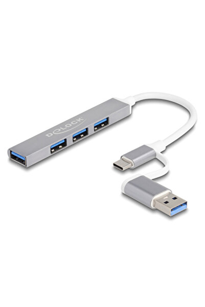 DELOCK USB hub 64214, 4x θυρών, 5Gbps, USB & USB-C σύνδεση, γκρι