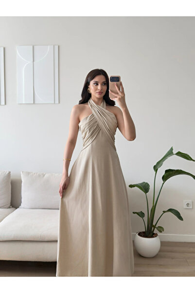 Zoom Butik Çapraz Bağlamalı Premium Elbise - BEJ
