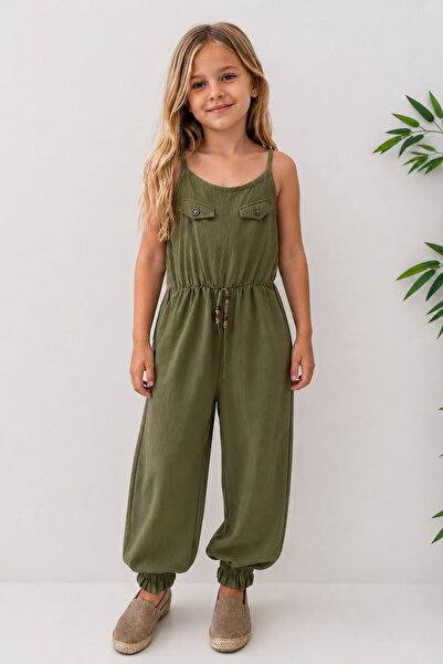 Minigimin Cicileri Stylish Strappy Girls' Jumpsuit with Drawstring - Khaki