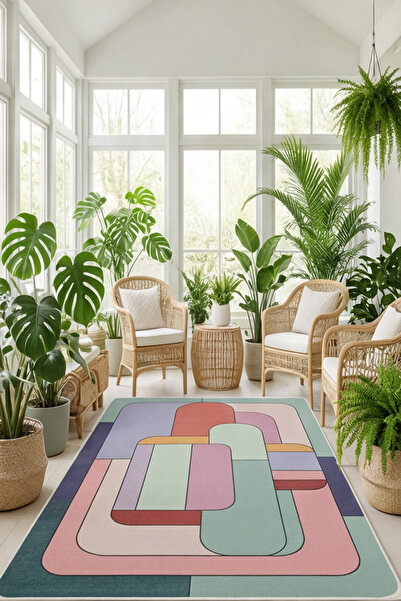 DOREM Pastel Geometrik Desenli Dijital Baskı Kaymaz Taban Salon Mutfak Korido...