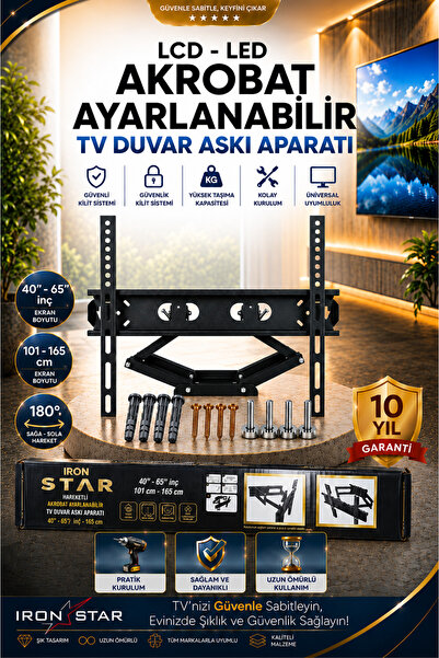 Hareketli TV Askı Aparatı / Akrobat TV Duvar Askı Aparatı / Ayarlanabilir / 42 inç-43 inç-49 inç-55 inç-60 inç-65 inç / Sağa Sola Dönen / Universal TV Askı Aparatı / Hareketli LCD LED TV / VESA uyumlu