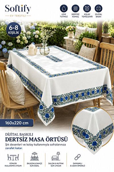 Softifyhome Dijital Baskılı Dertsiz Masa Örtüsü 160x220 cm 6-8 Kişilik Mavi Ç...
