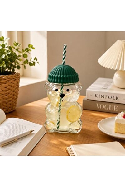 Yıldızan 580 ml Teddy Bear Patterned Glass Cup with Straw and Silicone Cover ...