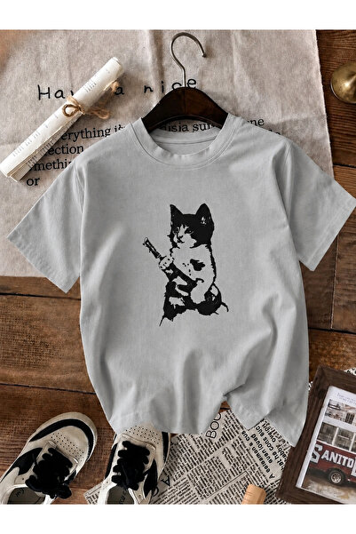 ZİYMO Unisex Y2K Guitar Black Cat Printed Oversized T-Shirt