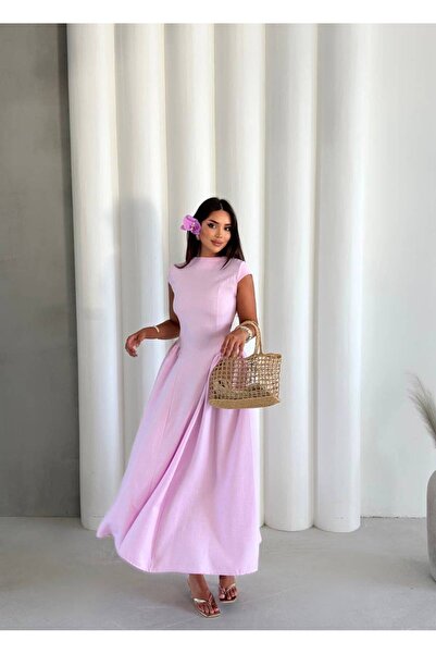 mafdress Kadın Pembe Keten Kumaş Kısa Kol Arkası Bağlama Detay Uzun Elbise