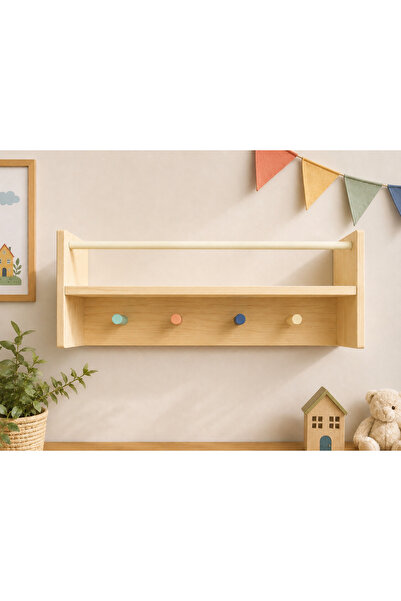 LunaLoveWood Doğal Ahşap Montessori Çocuk Odası Duvar Rafı & Askılık - 50cm