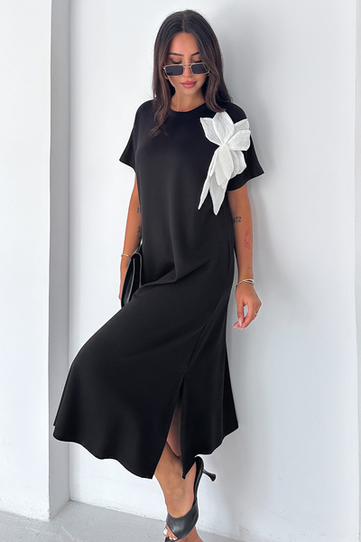 Noa&Noa 3D Floral Appliqué Midi Dress with Slit Detail