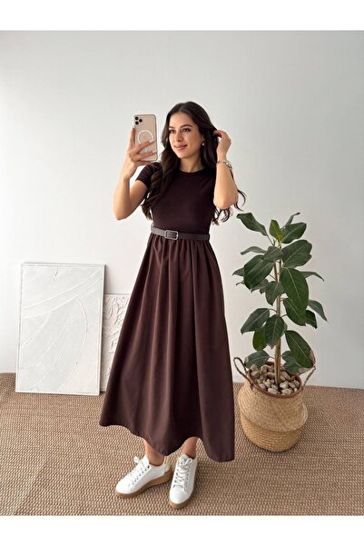 Jöns Butik Women's Belt Detailed Maxi Skirt Crew Neck Short Sleeve Beige Long...