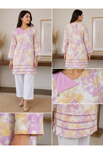 Libas lab - Pastel Floral Cotton Modest Shirt with Asymmetrical Collar Detail