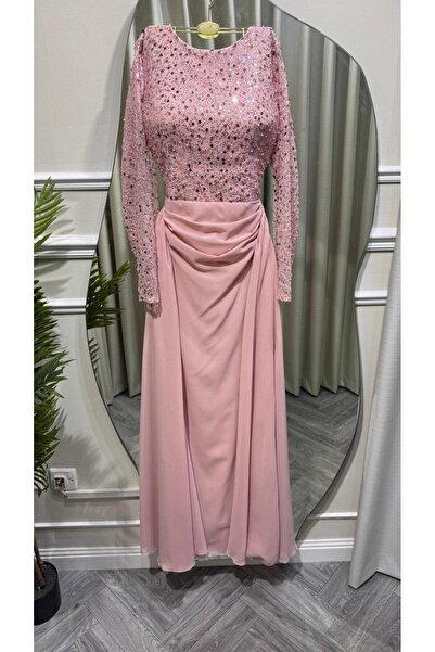 led style Pink Sequined Evening Dress with Elegant Draped Skirt