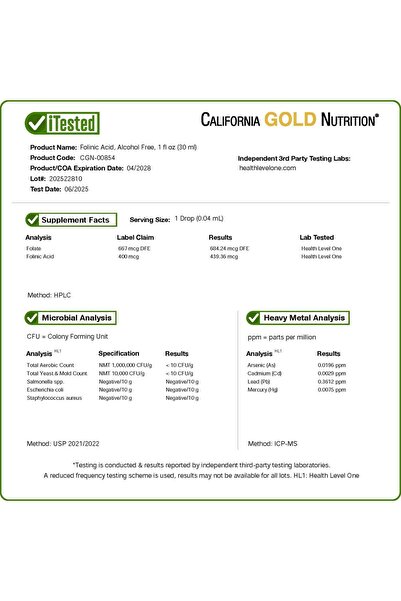 California Gold Nutrition Folinic Acid, Bioactive Form of Folate from Calcium Folinate, Alcohol Free, 1 fl oz (30 ml)