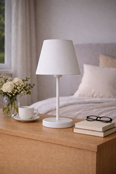 Eslight Abralight Modern Beyaz Ayak Masa Lambası Beyaz Kumaş Abajur C566