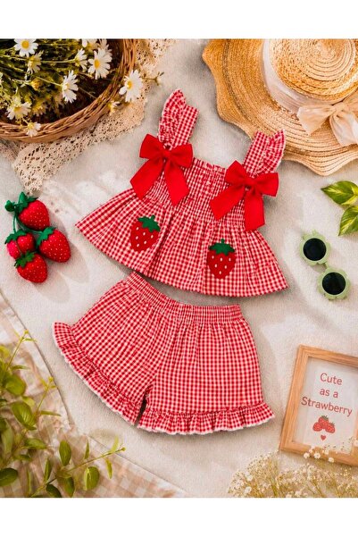 mirkidsclub Baby Girl/Kids Gingham Strawberry Appliqué Shorts Set of 2 – Ruff...