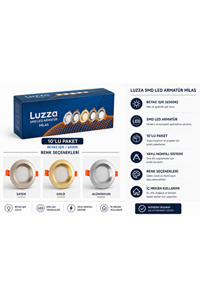 Luzza Milas 10’lu SMD LED Spot Armatür Seti – 6500K Beyaz Işık, Sıva Altı, Sa...