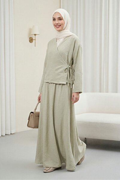 Modamorfo Linen Look Suit with Side Tie Skirt - Stone Color