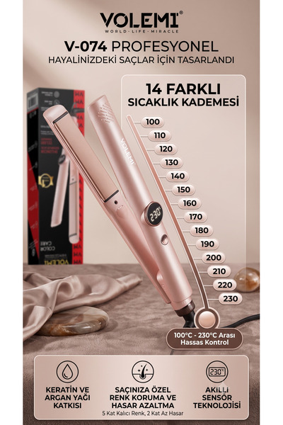 VOLEMİ V-074 Profesyonel Saç Düzleştirici 14 Kademeli Isı Ayarı Dijital LED Ekran Seramik Plaka 100-230°C