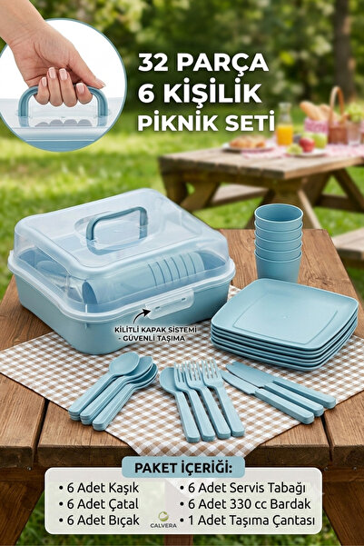 CALVERA 32 Parça 6 Kişilik Çantalı Piknik Seti - Kilitli Kapaklı Taşınabilir ...